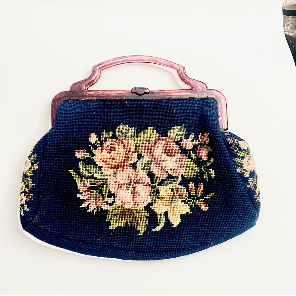 Vintage needlepoint floral shabby chic purse handbag navy rose large